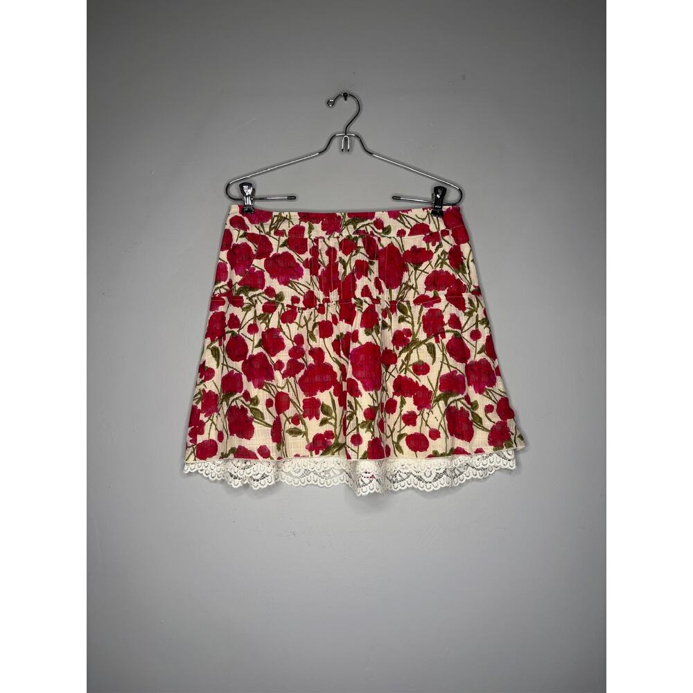 ANNA SUI for Anthro Mini Skirt Cream with Red Floral Lace Hem Cotton Silk Size 6 - Picture 3 of 4